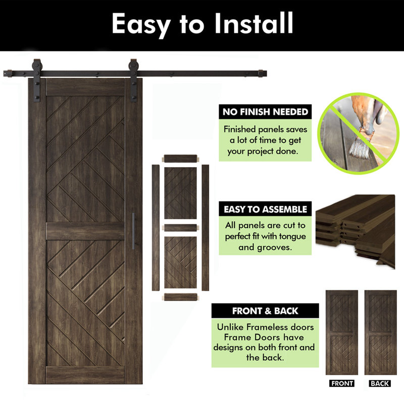Homacer Ebony 48in x 80in Unassembled & Finished Geometric Design Barn Door with Non-Bypass Installation Hardware Kit, 9ft track, interior use only