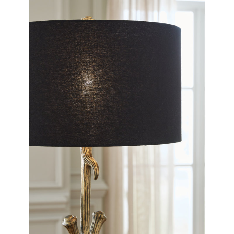 Antiqued Goldtone Cast Aluminum Table Lamp with Black Shade