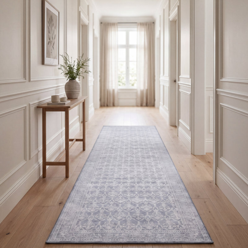 Laura Ashley Washable Printed Velvet Rug, Grey, 2'2" x 8'