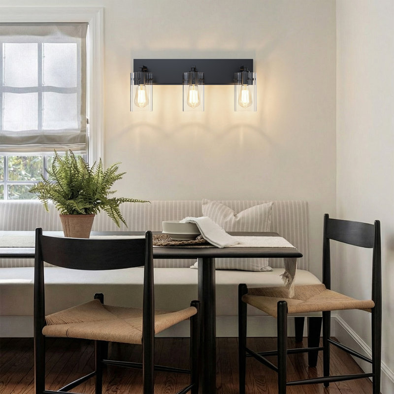 Luminaire de salle de bain moderne à intensité variable de 21 po à 3 lumières noires avec abat-jour en verre nervuré