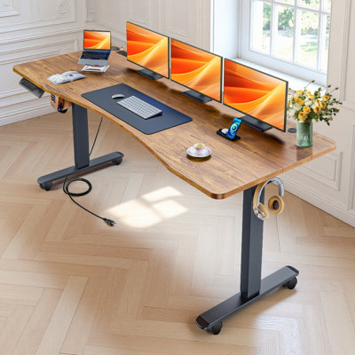 62.98" Electric Height Adjustable Standing Desk With 4 Casters And Charging Stations, 2 Hooks, Big Mouse Pad