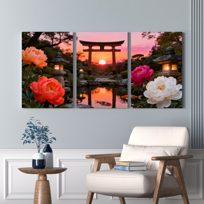 Japanese Garden Sunset With Torii Gate And Peonies Canvas Wrapped Wall Art Oil Painting Print Set Of 3