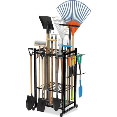 Étagère à outils de jardin 3 niveaux avec tablettes, support en acier robuste avec fentes à long manche et crochets