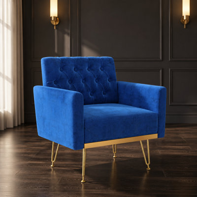 Fauteuil capitonné moderne avec accoudoirs en velours capitonné et fauteuil de lecture avec accoudoirs de soutien et pieds en métal robustes pour le salon, la chambre, le bureau à domicile, les petits espaces, les sièges confortables pour une lecture