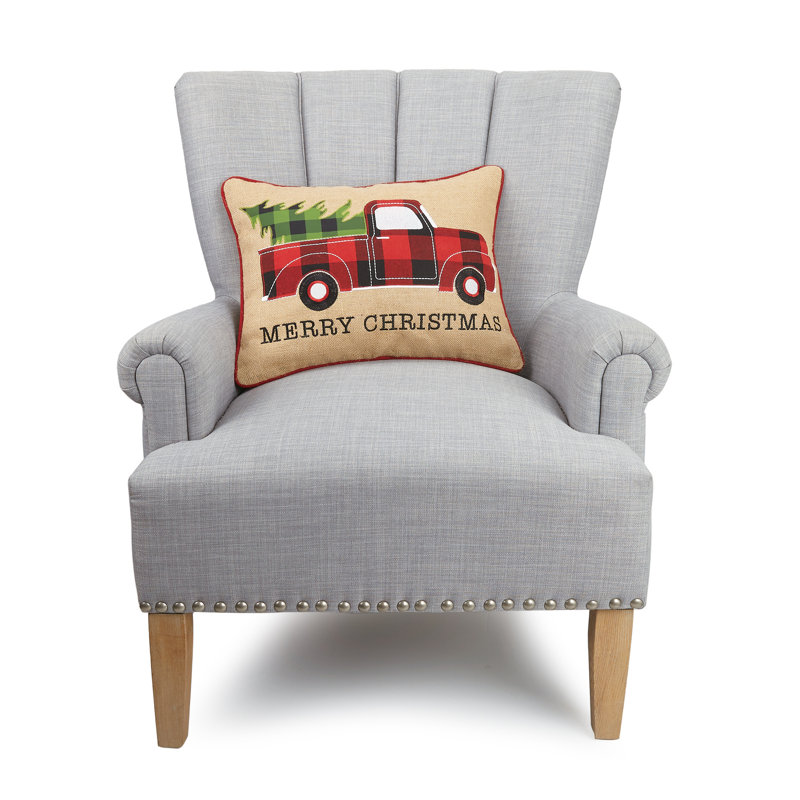 Burlap with Plaid Truck and Tree Applique Holiday Pillow