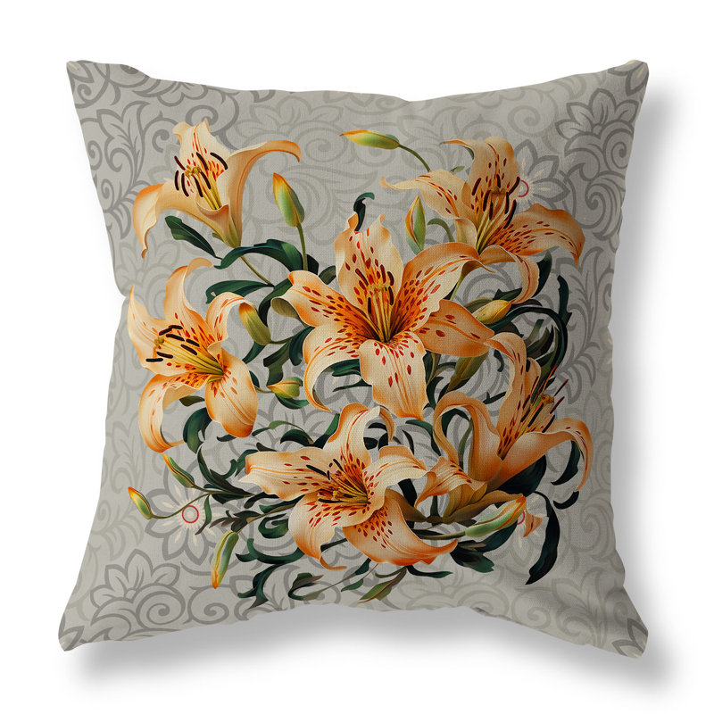 Coussin Enchanted Lily Affair Broadcloth, H 20 po x l 20 po, Vert / orange / gris