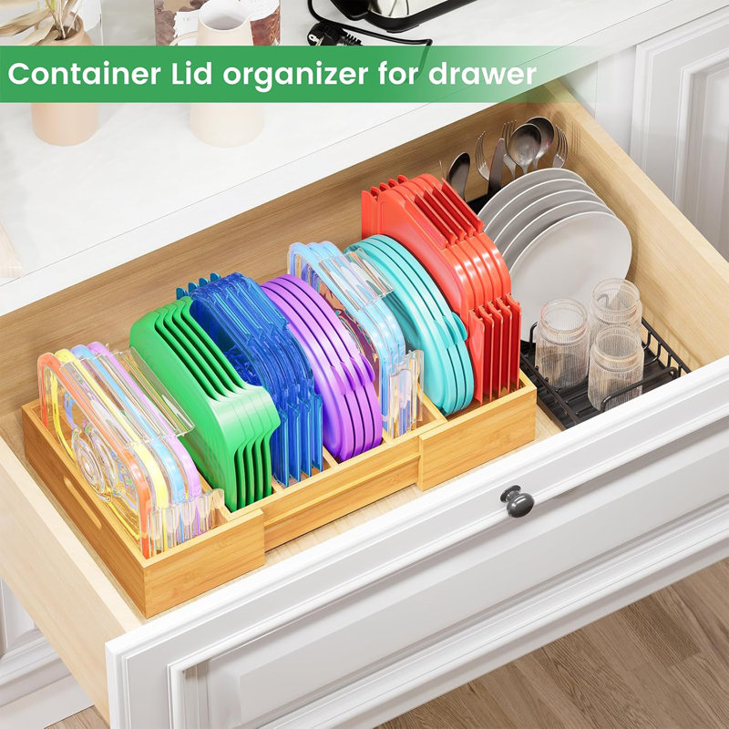 Organisateurs de couvercle extensibles en bambou à l'intérieur de l'armoire, organisateurs d'armoires de cuisine avec 3 séparateurs réglables, couvercles en plastique de rangement, organisateur de support de couvercle de récipient de nourriture pour le garde-manger de tiroir