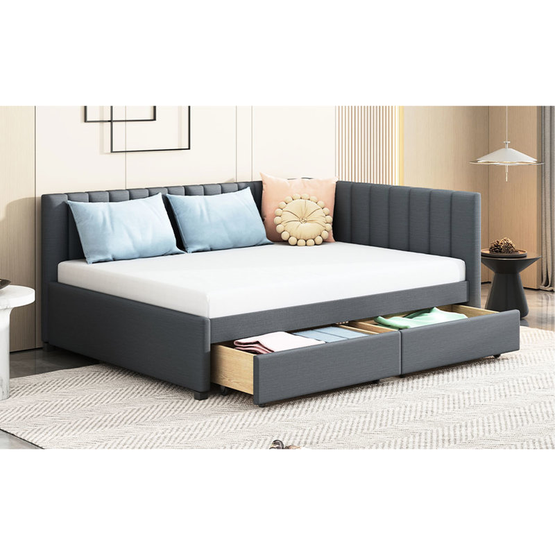 Lit de jour avec lin gris et 2 espaces de rangement, sans sommier. Cadre de lit robuste pour une chambre à coucher élégante avec espace de tiroir rembourré, endroit de repos confortable