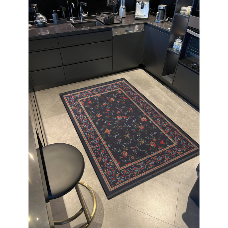 Tapis décoratif multicolore à motifs floraux et frangés, Rectangle 5 pi 1,02 po x 7 pi 6,55 po