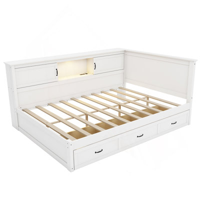 L-Shaped Bed Frame with Drawer and and Bookcase,Corner Bed Wooden Captain Bed