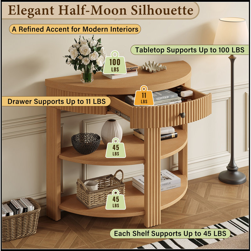 Console demi-lune avec tiroir et 2 tablettes, Natural