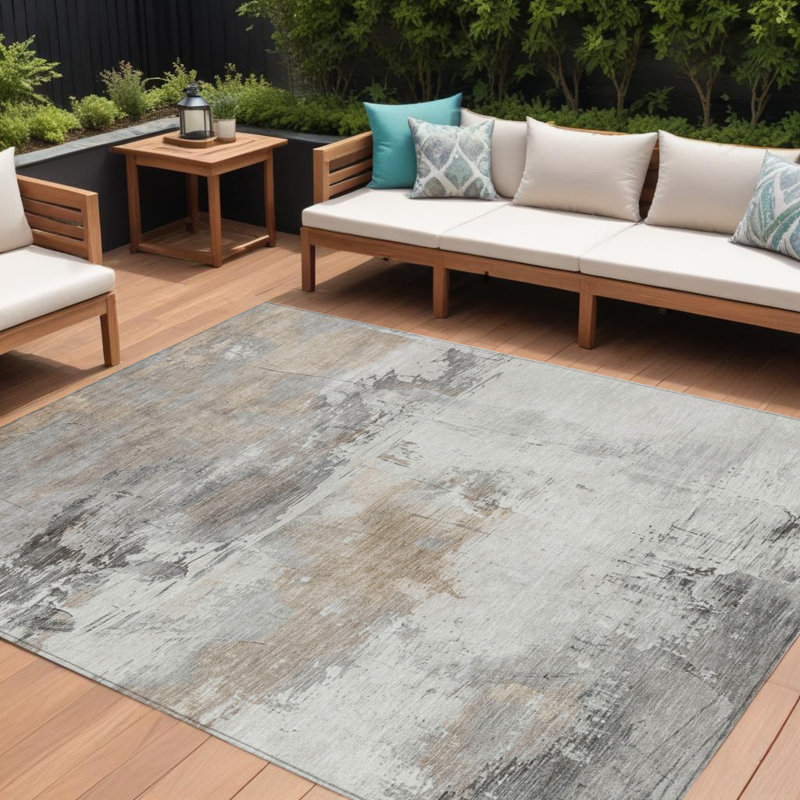 Tapis intérieur lavable abstrait 10 pi x 14 pi ivoire et gris