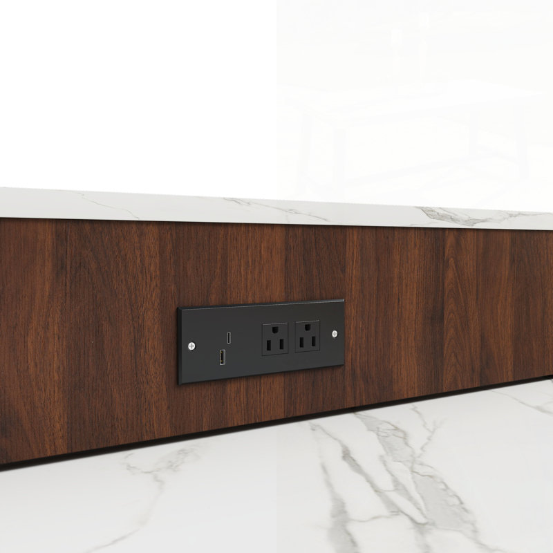 Expandable Kitchen Island With Dining Table, Marble-Grain Countertop, Power Outlet, Mobile Storage Cart, And Walnut Finish