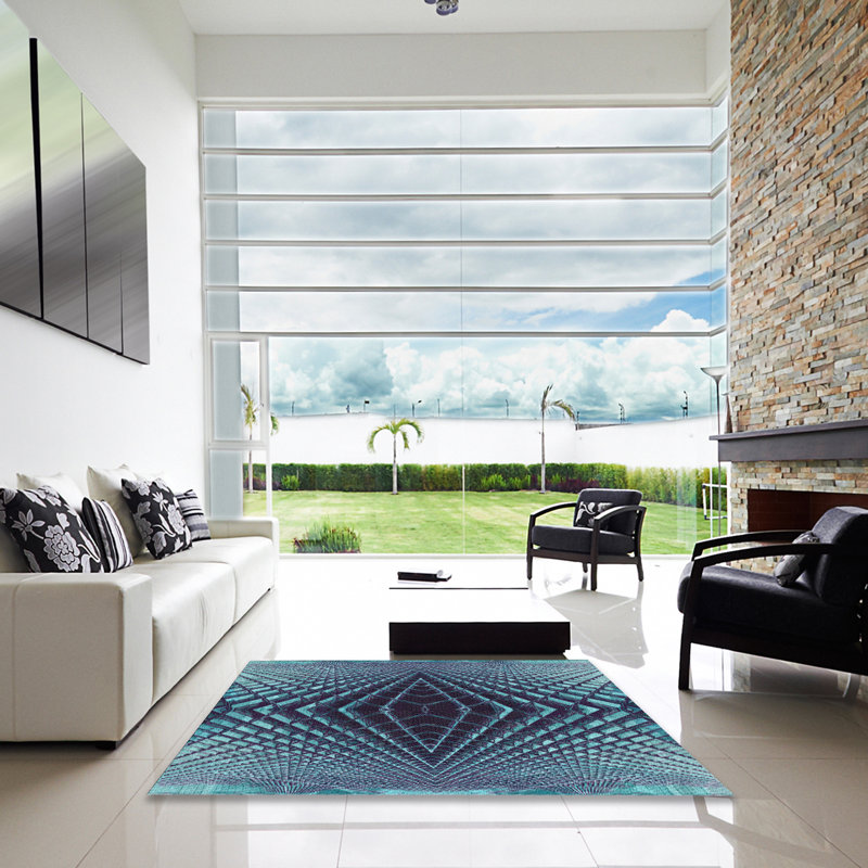Tapis bleu/noir à motifs, Carré 8 pi
