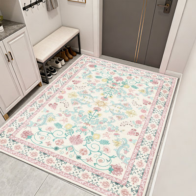 Tapis floral rose pour le salon, tapis à poils courts avec envers en caoutchouc, tapis performant pour la chambre à coucher, salle à manger, tapis moderne pour la décoration intérieure, tapis intérieurs lavables pour l'extérieur, idéal pour les endroits très passants, meilleur cadeau pour Noël d'Halloween