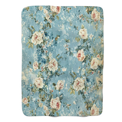Antique Blue Floral - 1 Piece Premium Sherpa Blanket
