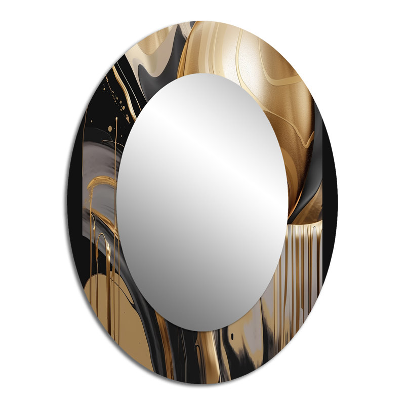 Gold And Black Captivating Marble IV - Abstract Oval Decorative Mirror On Metal, 40" x 30"