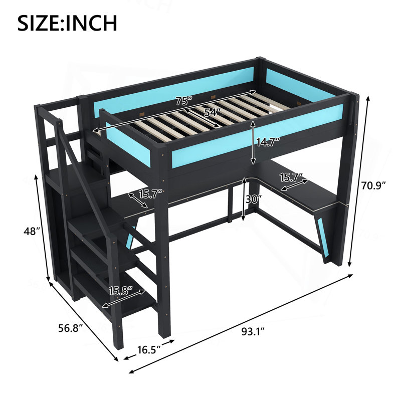 Lit mezzanine double avec bureau et garde-robe, structure de lit mezzanine avec DEL, USB intégré, noir et bleu