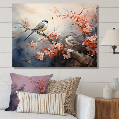 Oiseaux roses et bleus sur un arbre en fleurs II - Art mural oiseau