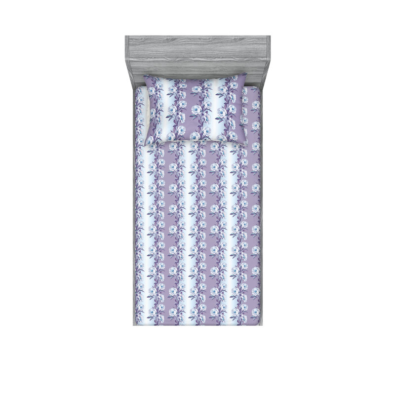 Ambesonne Fitted Sheet & Shams, Twin Sheet Set with 1 Pillowcase, Pale Eggplant/Soft Blue Flower