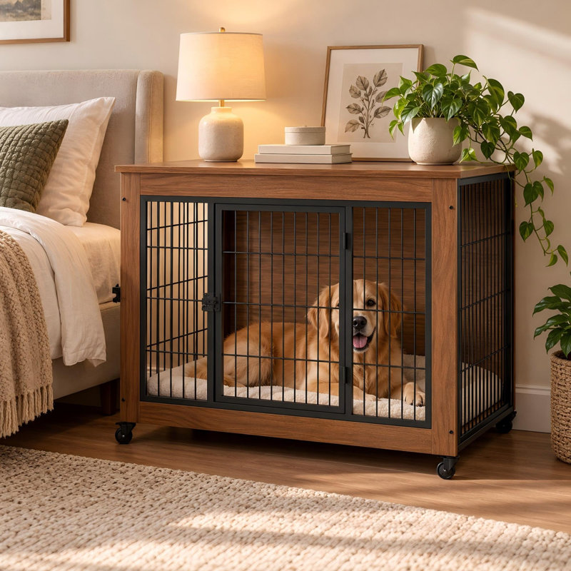 Steel Pet Furniture Style Crate with 2 Doors, 38.6x25.6x29.3in