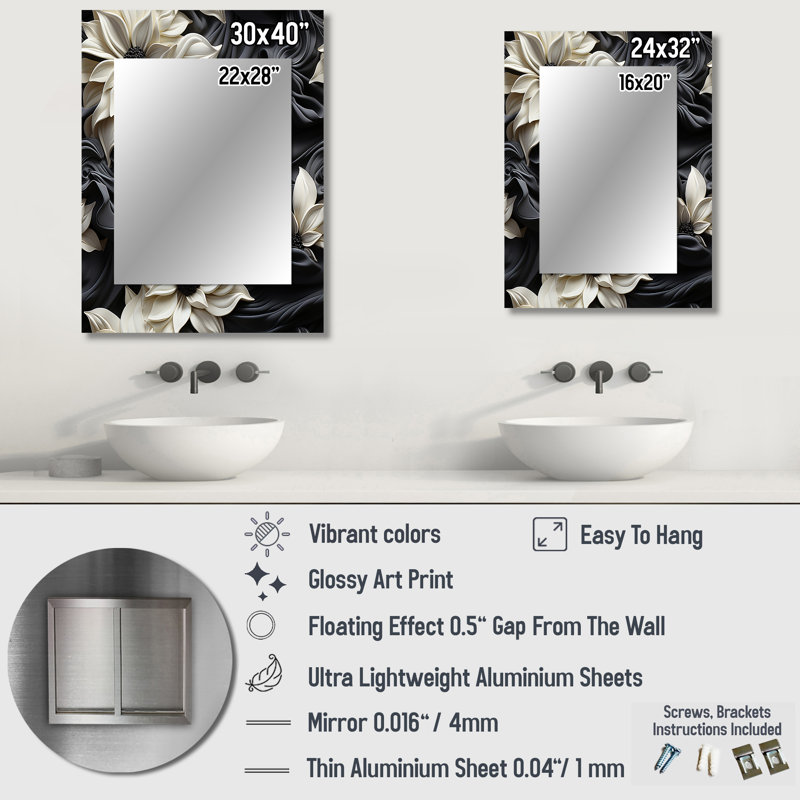White And Grey Symphony Of Petal Gardens - Floral Mirror, Floral Decorative Wall Mirror, Printed Metal Art, 32" x 24"