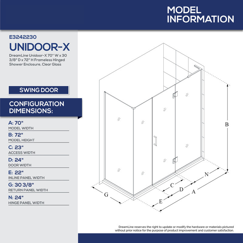 Unidoor-X 70" x 72" Rectangle Hinged Shower Enclosure, Matte Black, Right Opening