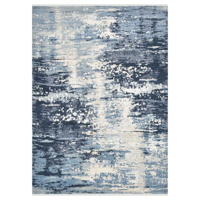 Tapis bleu en laine / viscose noué à la main saphir Hermitage Alyanna, Rectangle de 2 pi x 3 pi