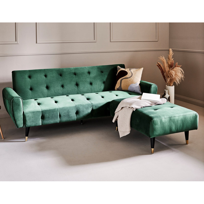 83.86" Wide Reversible Sleeper Sofa & Chaise with Ottoman, Opal Green Velvet
