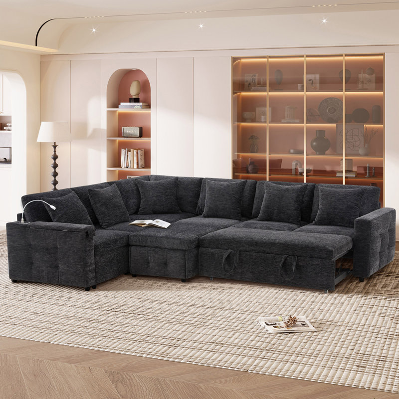Veralyn 117" Chenille Modular Sectional Sofa With Pull-Out Sofa Bed, Black Chenille