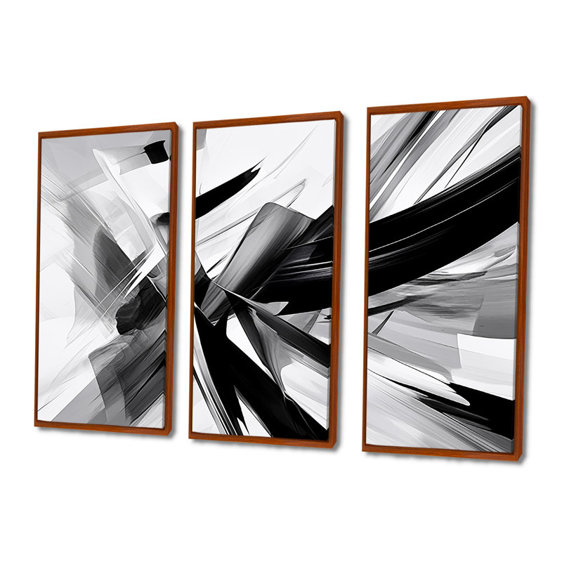Abstract Waves Black White Explosion - Abstract Wall Art Set, Brown Floater Framed, 32" H x 48" W x 1" D