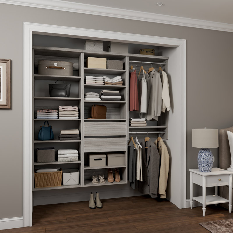 Grey Oak 76.5" Wall-Mounted Single Wall Closet System with 3 Sections, 2 Clothing Rods, 12 Shelves & 2 Reveal Drawers, 76.5