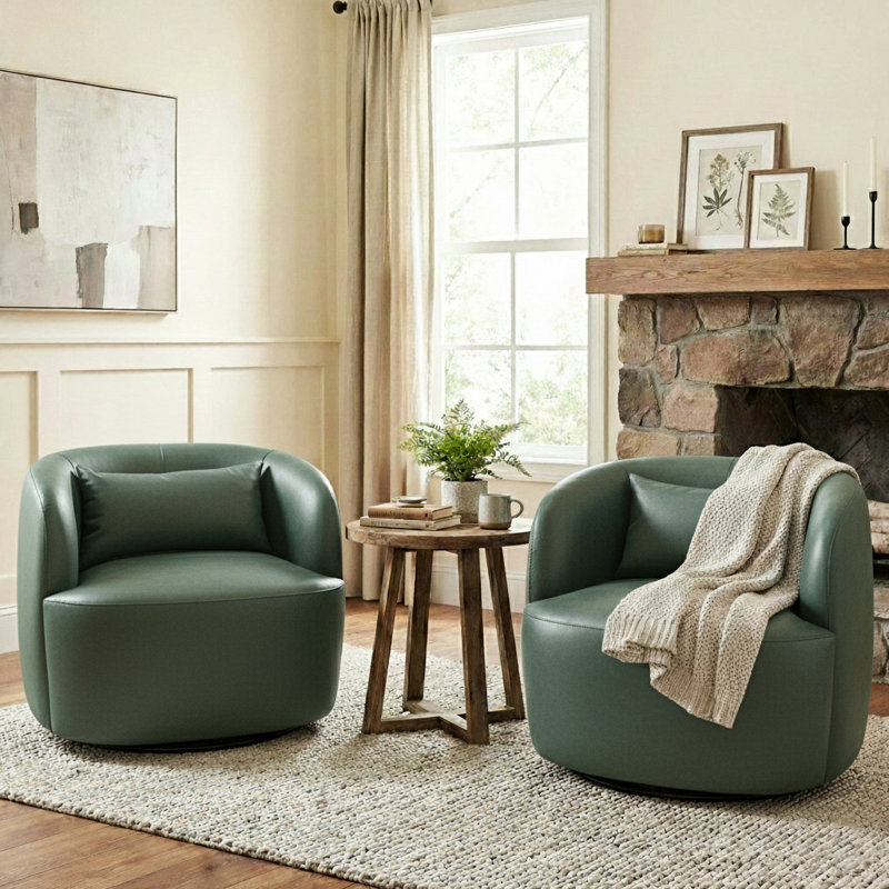 Bruschi 34" Wide Modern Faux Leather Upholstered Swivel Armchair (Set Of 2), Green