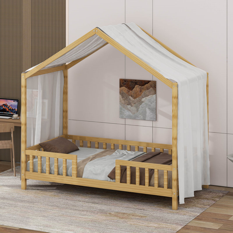 Cadre de lit House avec auvent, lit sur pied, lit House, Naturel, Double