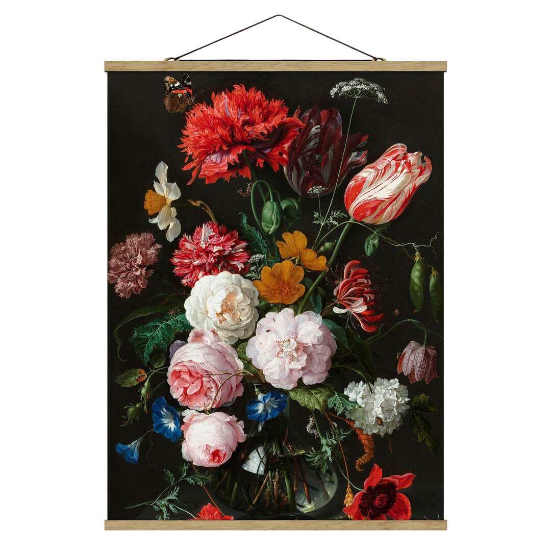 Stoffbild Stillleben mit Blumen in einer Glasvase von Jan Davidsz De Heem