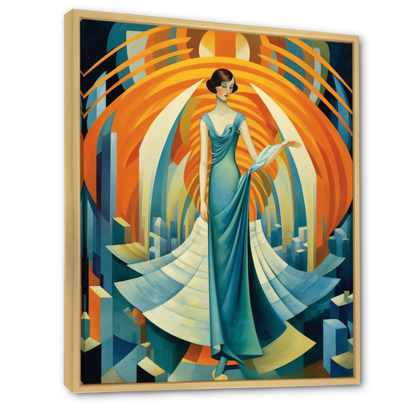 Art Deco Cosmopolitan Gracieuse danseuse en bleu - mode femme, reproduction sur toile encadrée, Cadre flottant érable