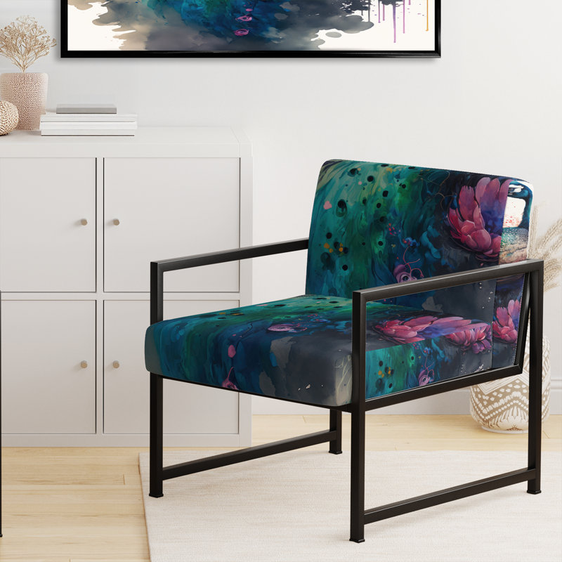 Cute Peacock Floral Art I - Upholstered Glam Arm Chair, Peacock Art Accent Chair, Black