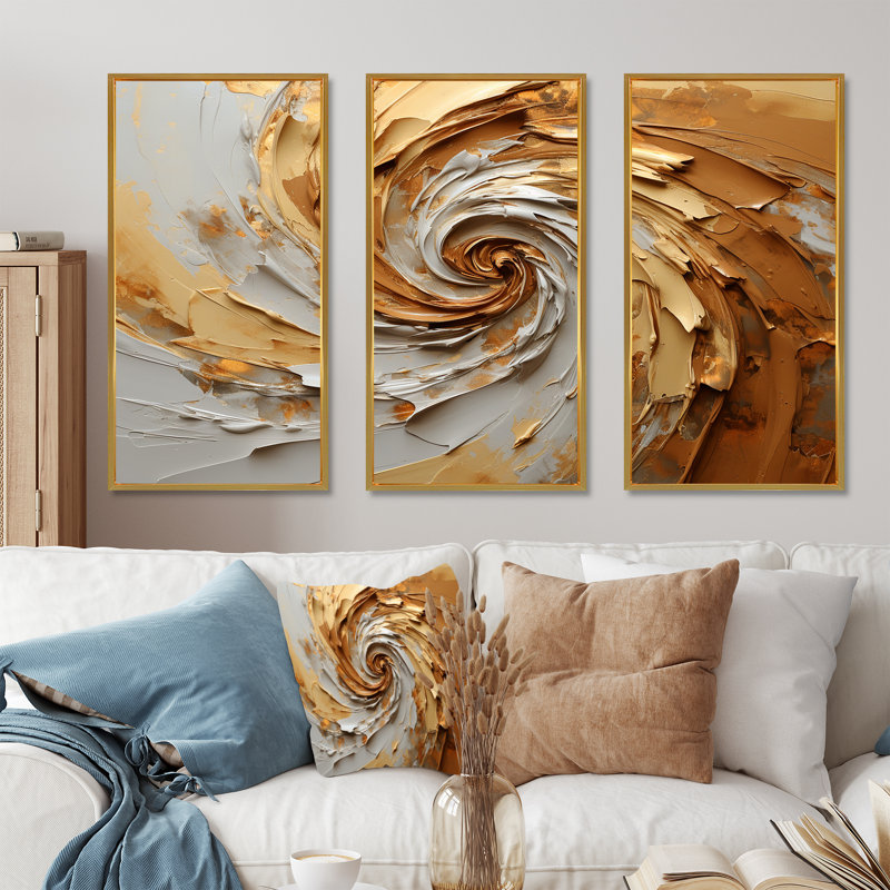 Brun doré, spirale moka I - ensemble d'art mural spirales abstraites, Cadre flottant doré, H 32 po x l 48 po x P 1 po
