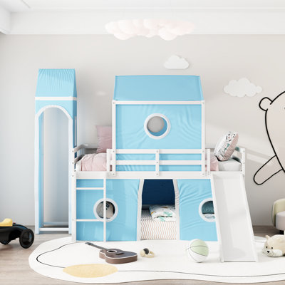 Blue Twin Loft Bed Featuring Slide, Pink Tent, And Tower - Pine Plywood, Three Installation Options, Semi Enclosed Under Size With Slide Tent Pinewood Plywood Build, Playhouse Inspired Setup, Fence