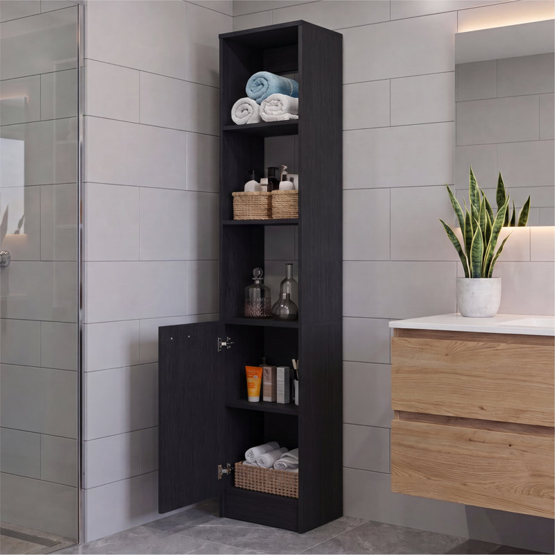 Patriece 70" Tall Linen Display Cabinet with 3 Open Shelves and One-Door Cabinet with Interior Shelves, Matte Black