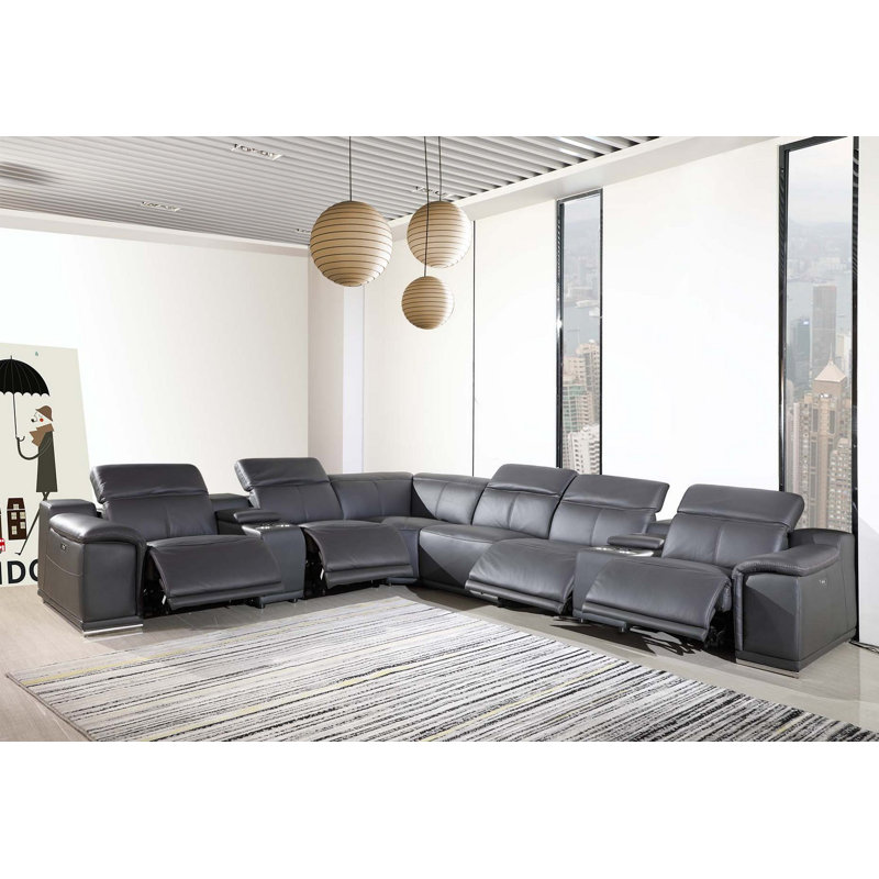Guaymas 151" Wide Top Grain Italian Leather Symmetrical Reclining Corner Sectional, Gray Genuine Leather