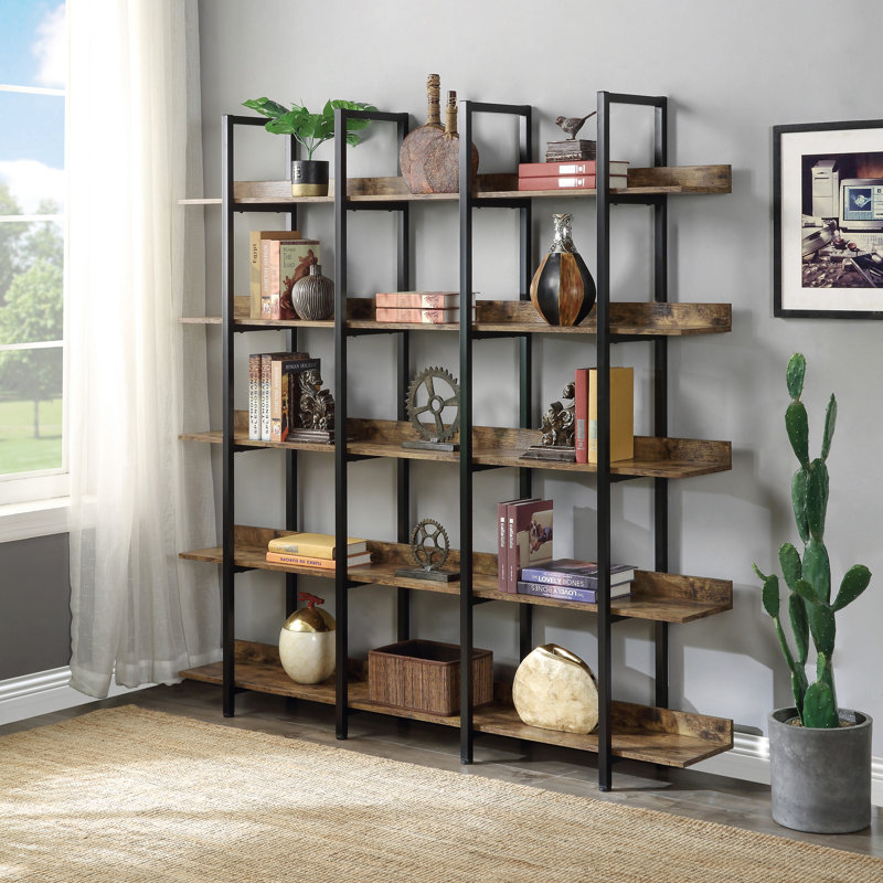 Bibliothèque à 5 niveaux avec bureau ouvert, tablette de style industriel rétro avec structure en métal, Noir / brun