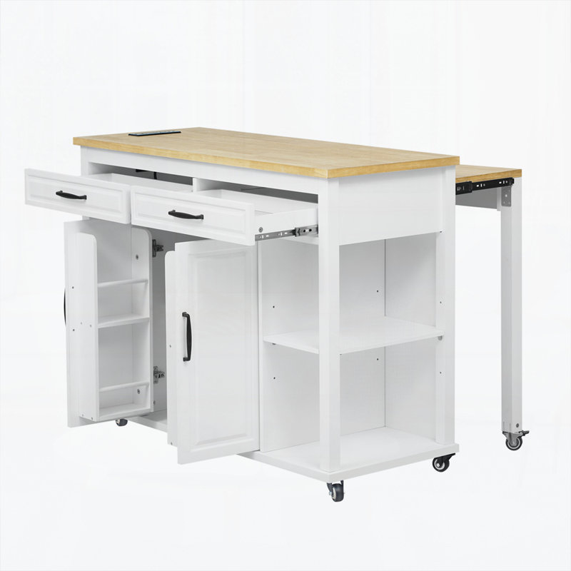 Îlot de cuisine de 47 po avec table de salle à manger extensible, table de cuisine en placage de bois d'hévéa avec support de rangement interne, prise de courant