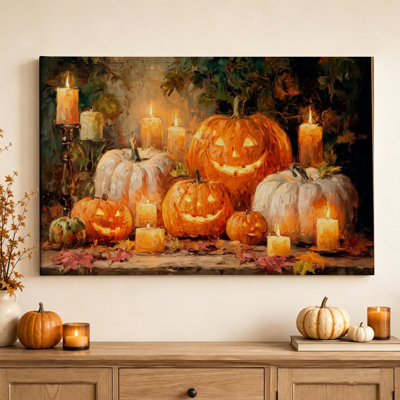 Citrouilles et bougies - Décoration murale Halloween Harvest Glow, impression sur toile tendue de 61 cm (H) x 91 cm (L), prête à être accrochée dans la salle à manger, la cuisine ou le salon.