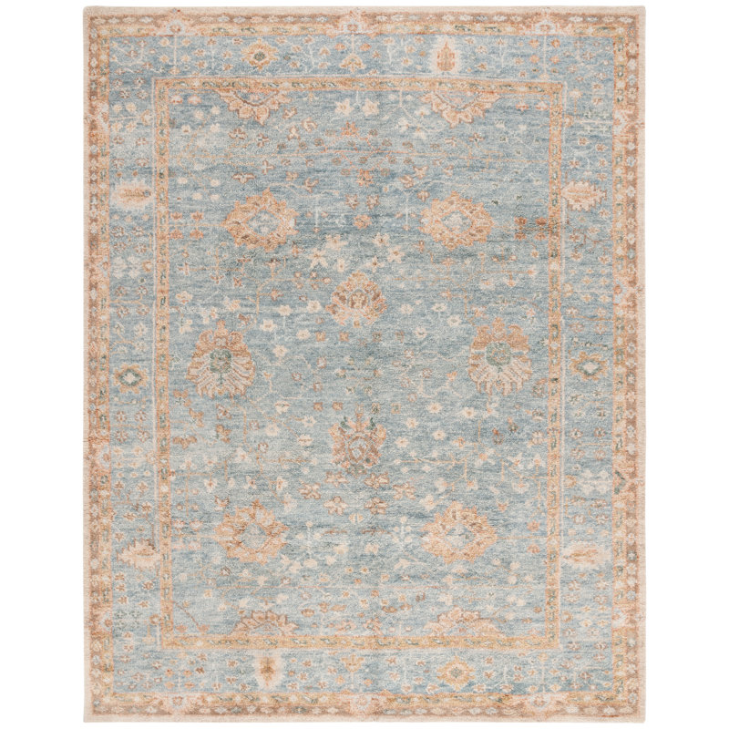 Light Blue Hand-Knotted Wool and Cotton 6' x 9' Rug