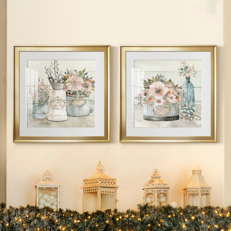 Shiplap Flower Market, ensemble de 2 reproductions d'art sur toiles, Blanc, Toile encadrée dorée