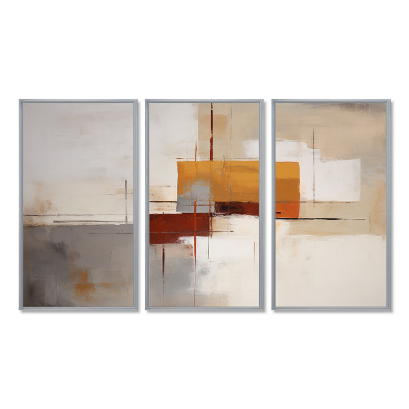Ensemble de décorations murales décollées orange gris - Collages abstraits, Encadrement argenté, H 40 po x l 60 po x P 1 po