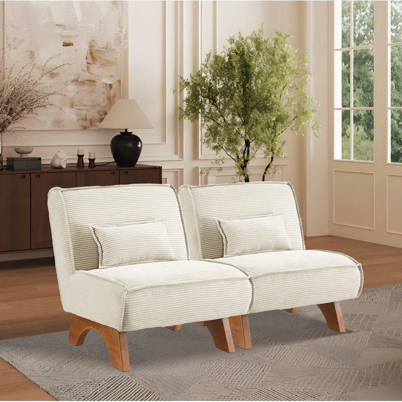 Maano 60'' W Armless Modular Convertible Polyester Upholstered Loveseat with Pillows, Off White Chenille