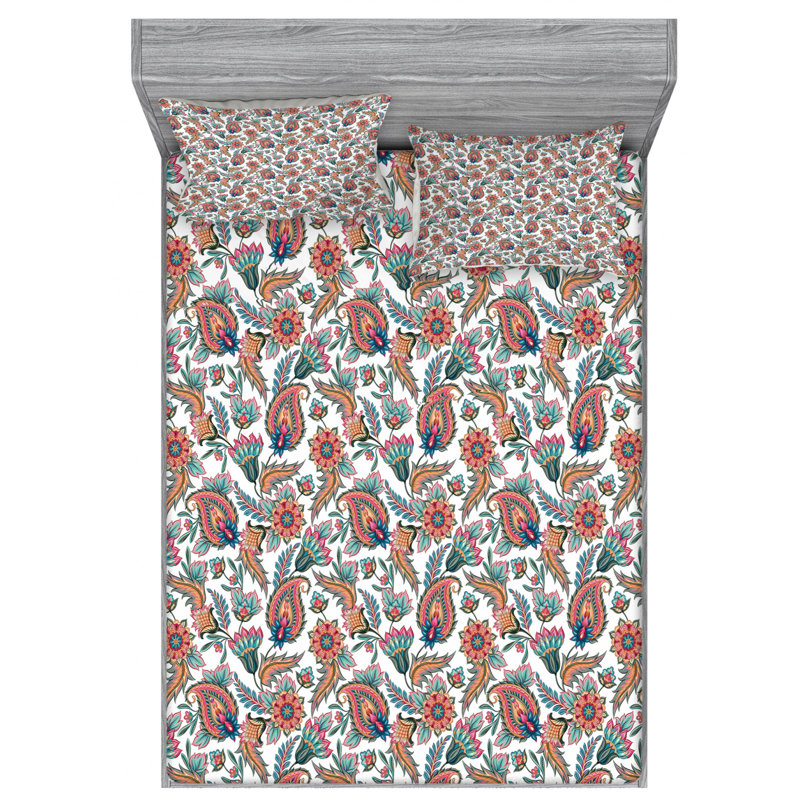 Microfiber Floral Sheet Set, Queen Sheet Set with 2 Pillowcases, Green/Orange Floral