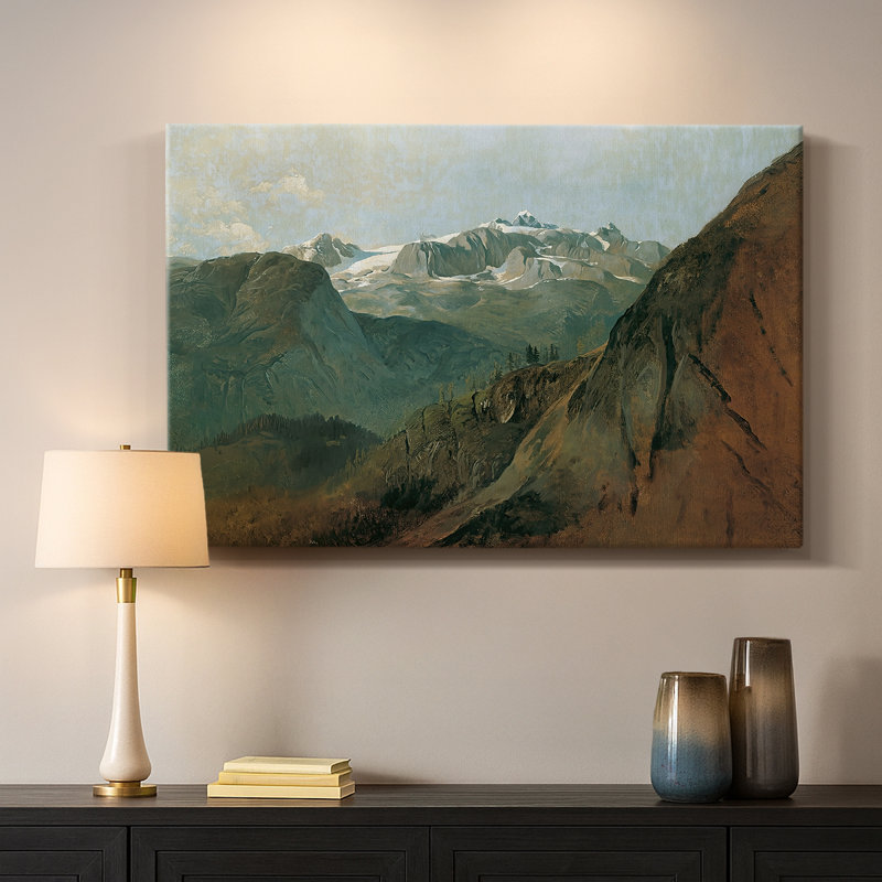 Paysage alpin avec un sommet enneigé -Friesrich Gauermann-Toile tendue avec châssis-c. Milieu du 19e siècle, 24 po x 36 po